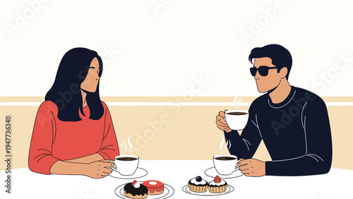 Young man and woman sit at a cafe table enjoying hot drinks and sweet pastries during a relaxed social meeting or romantic date.