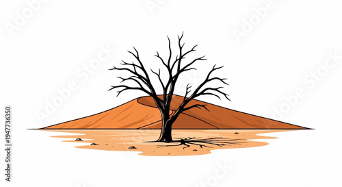 Stark, bare tree stands against a dramatic desert dune landscape