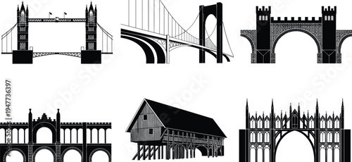 Famous bridge silhouettes vector set, historic and modern architecture bridges isolated for travel, city landmark and engineering design