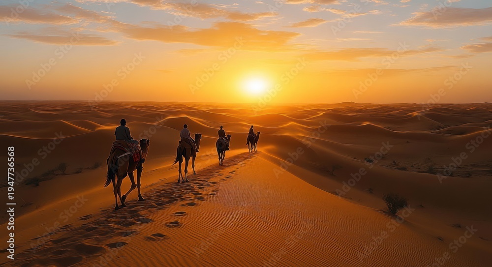 Fototapeta premium four camel riders crossing golden sand dunes at sunset, serene and awe-inspiring desert journey