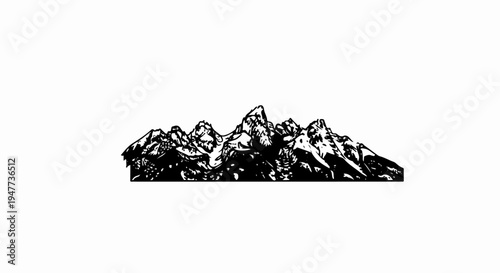 Stark black and white silhouette of rugged, snow-capped mountain peaks
