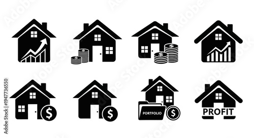 Real Estate Investment Icons: House, Growth Chart, Coins, Dollar, Profit, Portfolio