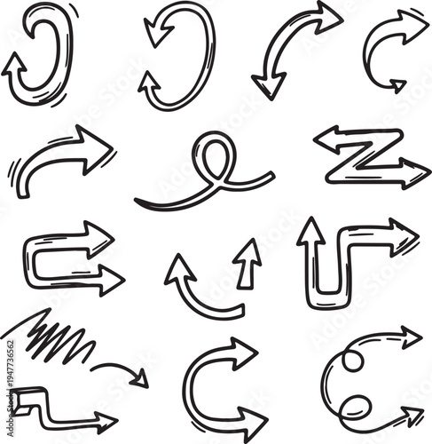 A comprehensive collection of diverse hand-drawn doodle arrows, offering a variety of directional pointers and curved design elements for creative graphic projects and user interface illustrations