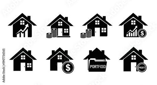 Real Estate Investment Icons: House, Growth Chart, Coins, Portfolio Folder