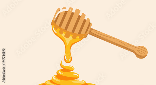 Golden honey dripping from honey dipper.
