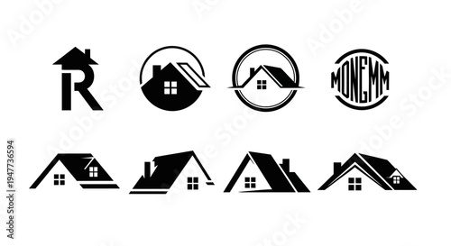 Real Estate Logos and Icons: House Roofs, Letter R, Circular Emblems