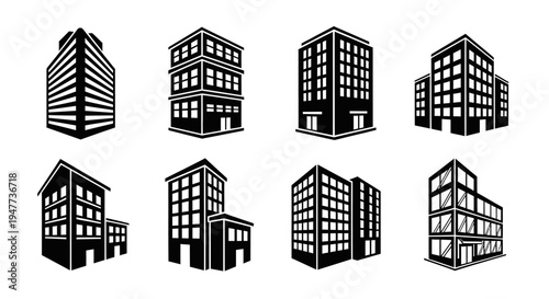 Set of Black and White Building Icons: Modern Architecture, Office Towers, and Residential Structures