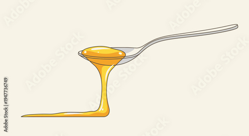 Honey dripping from metal spoon slowly.