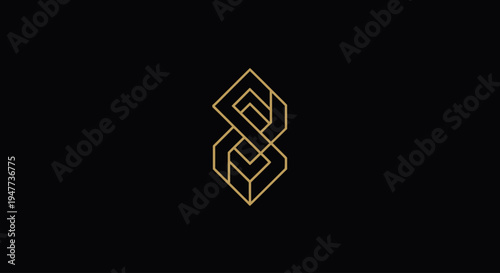 A futuristic gold outline of intertwined cubes floats against a stark black background with white space below.