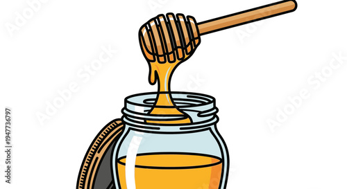 Honey dripping from wooden dipper.