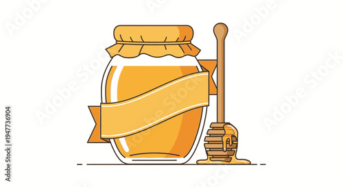 Honey jar with wooden dipper tool.