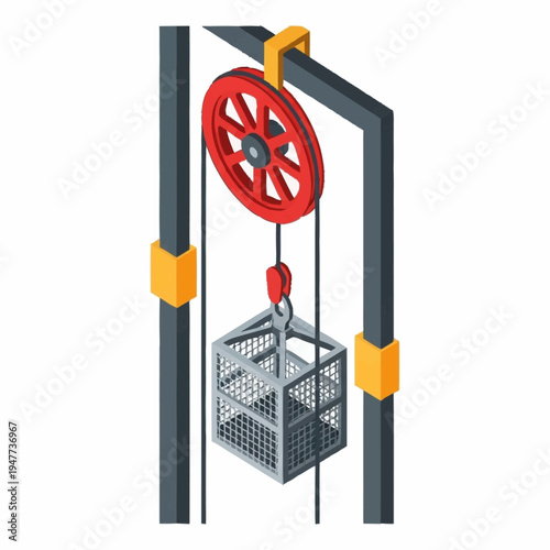 Industrial pulley system with metal cage.