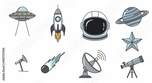 Space icons with rocket ship and telescope 1.