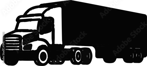 Silhouette of a black tractor-trailer truck on a white background