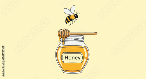 Honey jar with bee flying nearby.