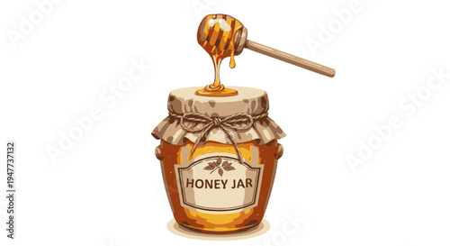 Honey jar with wooden dipper stick.