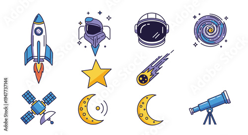 Space icons with rocket ship and telescope 2.