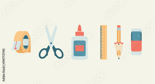 School supplies on a table.