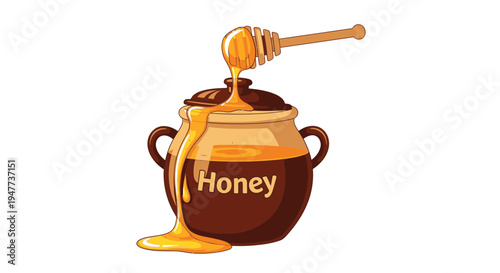 Honey pot with dripping golden honey.