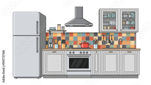 Modern kitchen interior features a refrigerator, stove, oven, and cabinets against a background of colorful mosaic tiles and shelves.