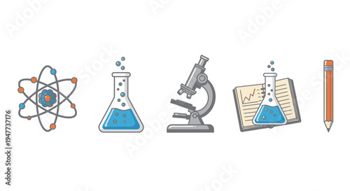 Science equipment and symbols icons.