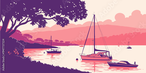 A serene lake scene with sailboats and a tree Vector
