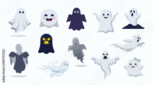 A collection of diverse and expressive cartoon ghosts in various poses and styles, perfect for Halloween themes.