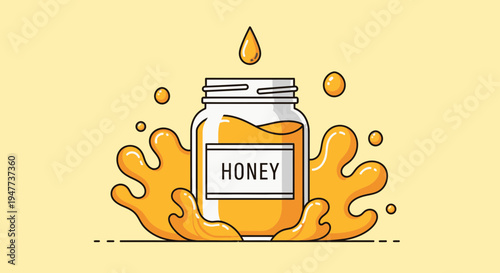 Jar of golden honey sweet liquid.