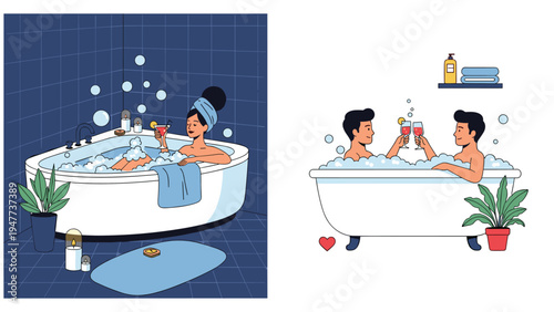 Comparison of two illustrations showing people relaxing in a bathtub while drinking cocktails in both dark and light bathroom settings.