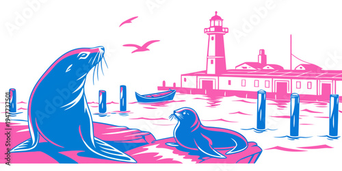 Seal and puppy sitting by the waterfront Vector