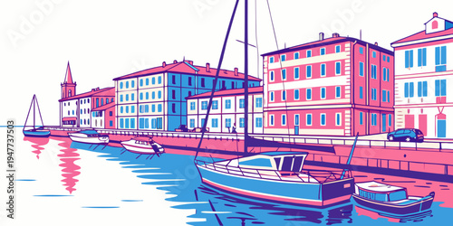 A colorful cityscape with boats docked along the waterfront Vector