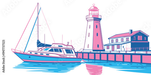 A sailboat floats near a lighthouse and building Vector