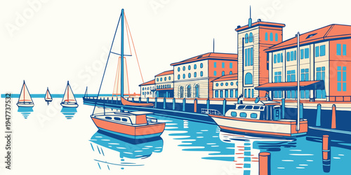 A colorful harbor scene with boats and buildings Vector