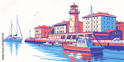 A colorful illustration of a lighthouse by the sea Vector