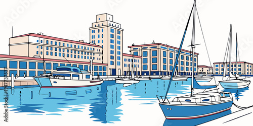 A blue boat floating on calm water near a city harbor Vector