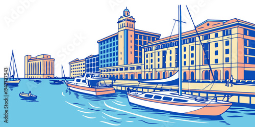 A colorful illustration of boats docked in a harbor Vector