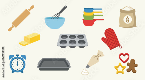 A collection of baking tools and ingredients, including a rolling pin, whisk, measuring cups, flour, butter, muffin tin, oven mitt, baking sheet, piping bag, cookie cutters, and an alarm clock.