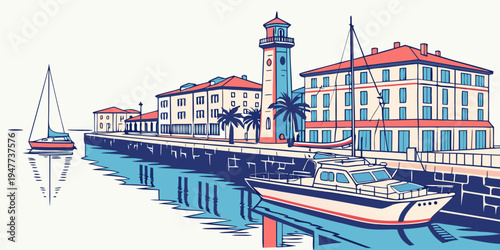 A colorful illustration of a harbor with buildings and boats Vector