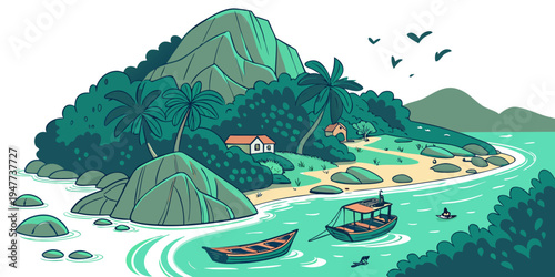 A serene tropical island with boats on the water Vector