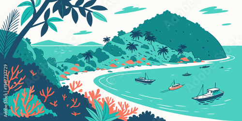 A serene tropical island with boats on the water Vector