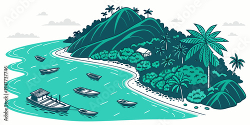 A tropical island with boats in the water Vector