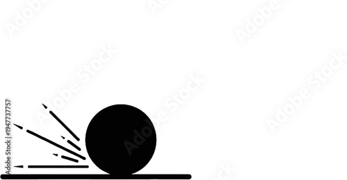 Simple graphic of a black circle striking a surface, with motion lines