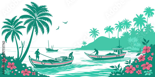 A tropical island scene with boats and palm trees Vector
