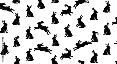 Black Rabbit Silhouettes Seamless Pattern on White Background.