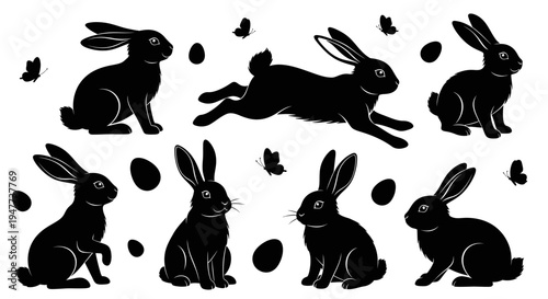 Collection of black rabbit silhouettes in various poses with Easter eggs and butterflies.