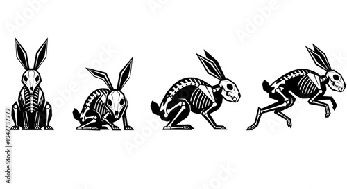 Rabbit Skeletons in Various Poses Black and White Illustration.