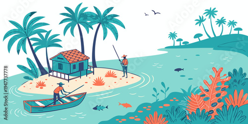 A tropical island with a hut and a boat Vector