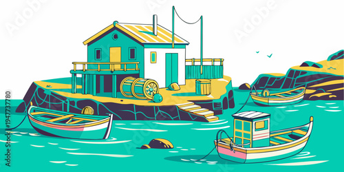 A small house on a rocky coastline with boats Vector