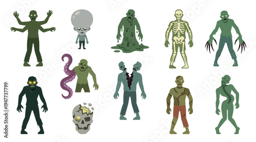 A collection of diverse cartoon monsters and zombies with various unique features and body types, presented in a flat design style.