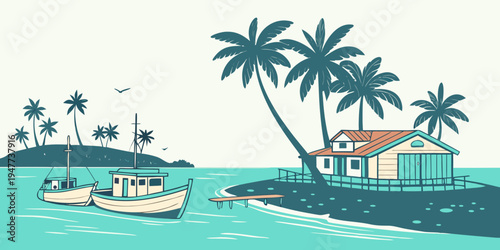 A tropical island with a house and a boat Vector